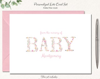 Girl Baby Shower Thank You Cards, Baby Thank You Notes, Personalized Baby Stationery / Stationary, Flower Flowers, Baby Girl, FLORAL BABY