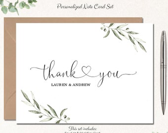 Wedding Thank You Cards | Bridal Shower Thank You Cards | Personalized Wedding Cards | Wedding Thank You Notes, THANK YOU HEART greenery