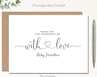 Baby Shower Thank You Cards, Baby Shower Thank You Notes, Personalized Baby Stationery, Stationary, Baby Boy, Baby Girl, WITH LOVE BABY