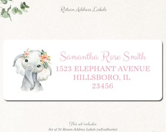 Etiquetas de dirección de devolución de elefante, pegatinas de dirección de devolución, pegatinas de dirección de devolución de baby shower de elefante BEBÉ NIÑA ELEFANTE