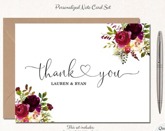 Fall Wedding Thank You Cards, Bridal Shower Thank You Cards, Personalized Wedding Cards, Burgundy Floral Note Cards, HEART BURGUNDY