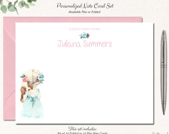 Personalized Stationery Set for Girls, Cute Note Cards with Envelopes, Set of 10 Folded or 12 Flat Cards, Gift for Girl, GIRL WITH PUPPY