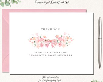 Girl Baby Shower Thank You Cards, Set of 10 Note Cards with Envelopes, Baby Girl Stationery, Baby Shower Gift for Girl, FLORAL BOW