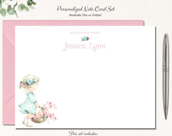 Personalized Stationery for Girls | Kids Stationery Cards | Stationary Note Cards for Girls | Girls Thank You Cards, GIRL WITH FLOWERS