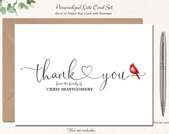 Funeral Thank You Cards | Set of 10 Thank You Notes | Funeral Acknowledgement Sympathy Cards | Celebration of Life THANK YOU HEART Cardinal