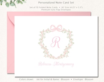 Personalized Initial Notecard Set, Set of 10 Folded Cards with Envelopes, Initial Stationery Set, Custom Stationery Gifts, PINK BOW CREST