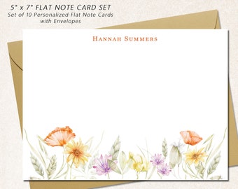 Personalized Stationery Note Cards Set with Envelopes, Set of 10 Flat 5" x 7" (A7 Size) Custom Boxed Notecards, WILDFLOWERS BOTTOM