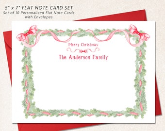 Juego de 10 tarjetas navideñas vintage personalizadas en caja, papelería navideña plana de 12,7 x 18,8 cm, tarjetas navideñas, lazo navideño vintage.