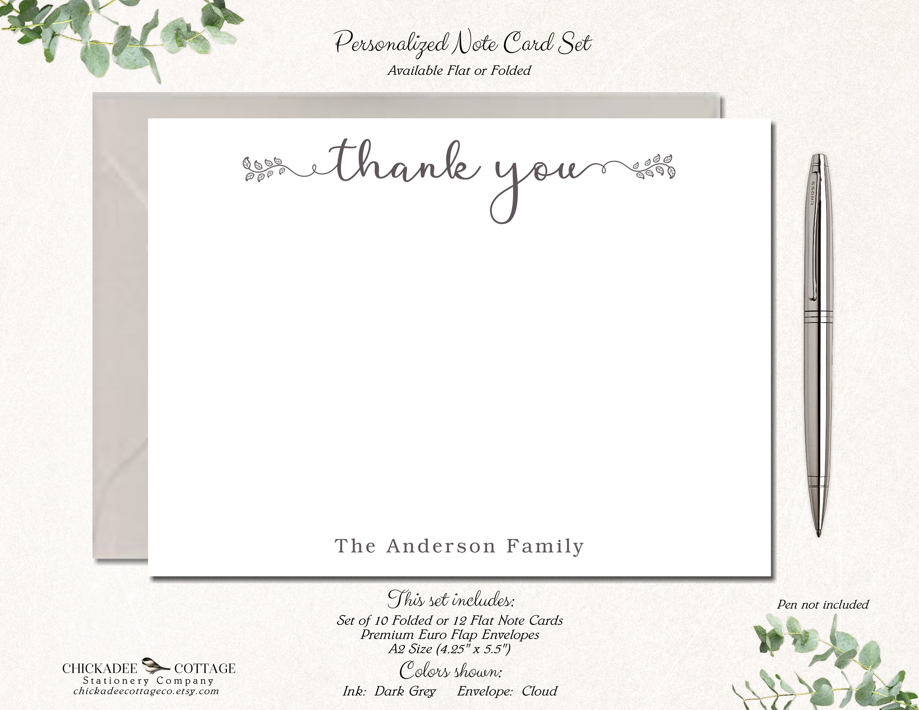 Personalized Thank You Cards, Set of 10 Folded or 12 Flat Note Cards ...