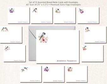 Assorted Chickadee Note Cards with Envelopes, Set of 12 Personalized Stationery Cards, Nature Notecards, Bird Gift, CHICKADEEES ASSORTED