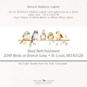 May include: Return address labels with a watercolor illustration of six birds perched on a branch. The labels include the name "Mary Beth Summers" and address details. The ink color is chocolate.