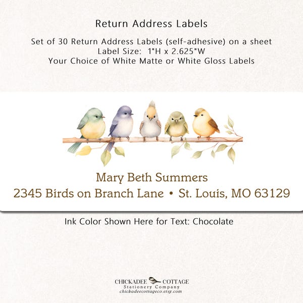 Bird Return Address Labels, set of 30 Labels in White Gloss or White Matte, Return Address Stickers, BIRDS ON BRANCH