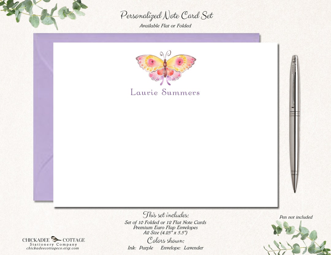 Butterfly Personalized Note Cards Pink Butterfly Watercolor Stationery ...