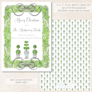 Personalized Christmas Cards Set, Set of 10 Flat 5&quot; x 7&quot; Boxed Notecards, Custom Holiday Cards with Envelopes, CHRISTMAS GREEN TOPIARY