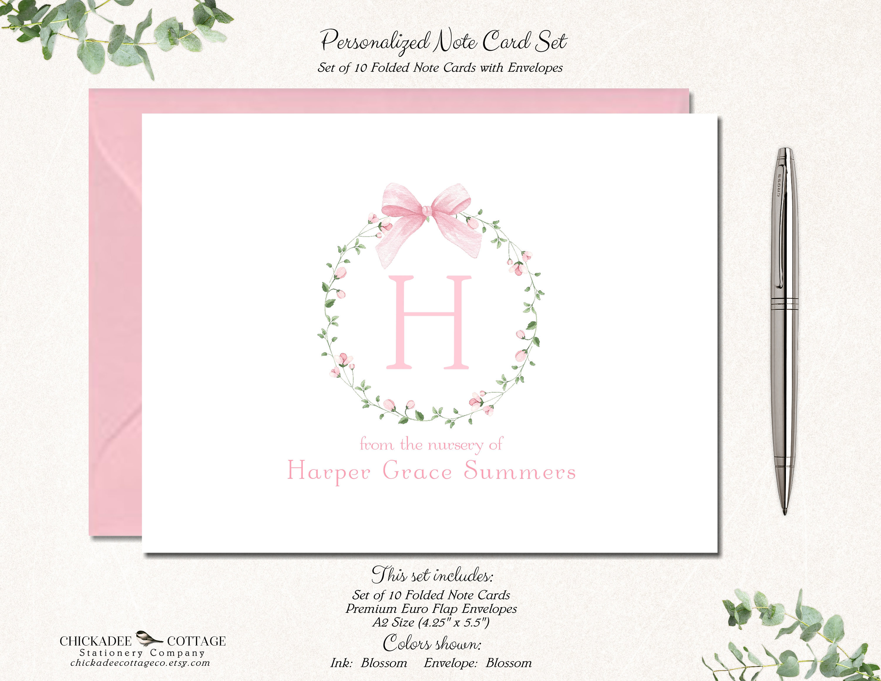 Baby Shower Thank You Cards Girl, Baby Thank You Notes, Personalized Baby Stationery Stationary Floral Flowers, Baby Girl, SWEET ROSE WREATH