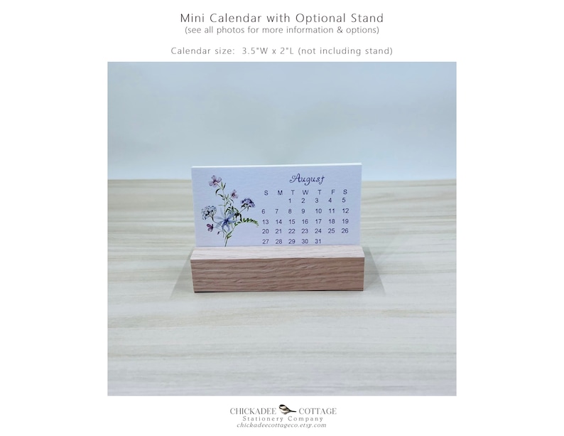 2026 or 2027 Mini Calendar with Optional Wood or Metal Stand, 3.5"W x 2"L (Business Card Size) Small Floral Desk Calendar, WILDFLOWERS image 2