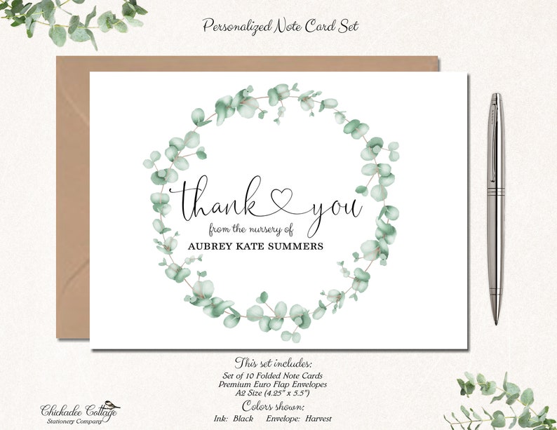 Succulent Baby Shower Thank You Cards Greenery Boy Girl Gift Eucalyptus Wreath Bnc033
