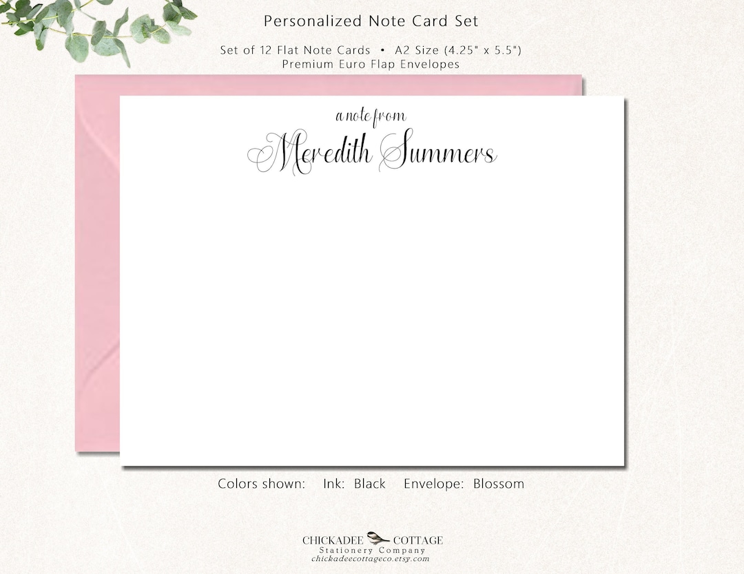 Personalized Note Cards & Envelopes, Set of 12 Flat Custom Stationery Notecards for Her, Script