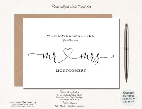 Mr and Mrs Wedding Thank You Cards, Custom Wedding Cards, Personalized Wedding Cards, Wedding Thank You Notes, Set of 10 MR & MRS HEART
