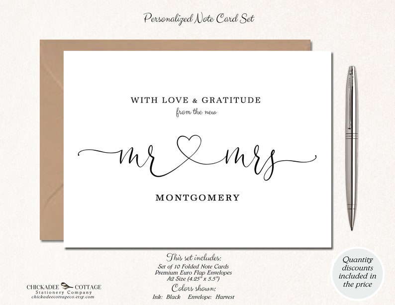 Tarjetas de agradecimiento para boda de Sr. y Sra., tarjetas de boda personalizadas, notas de agradecimiento para boda, juego de 10, corazón de Sr. y Sra. imagen 1