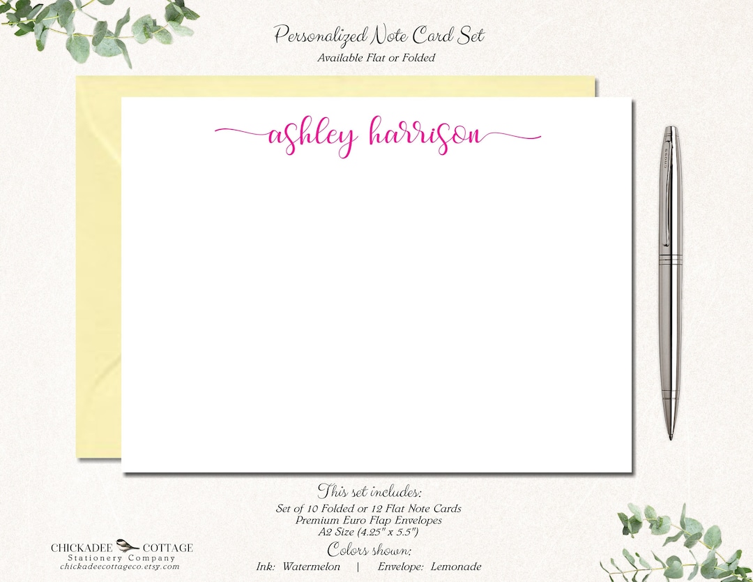 Personalized Note Card Set With Envelopes, Set of 10 Folded or 12 Flat ...