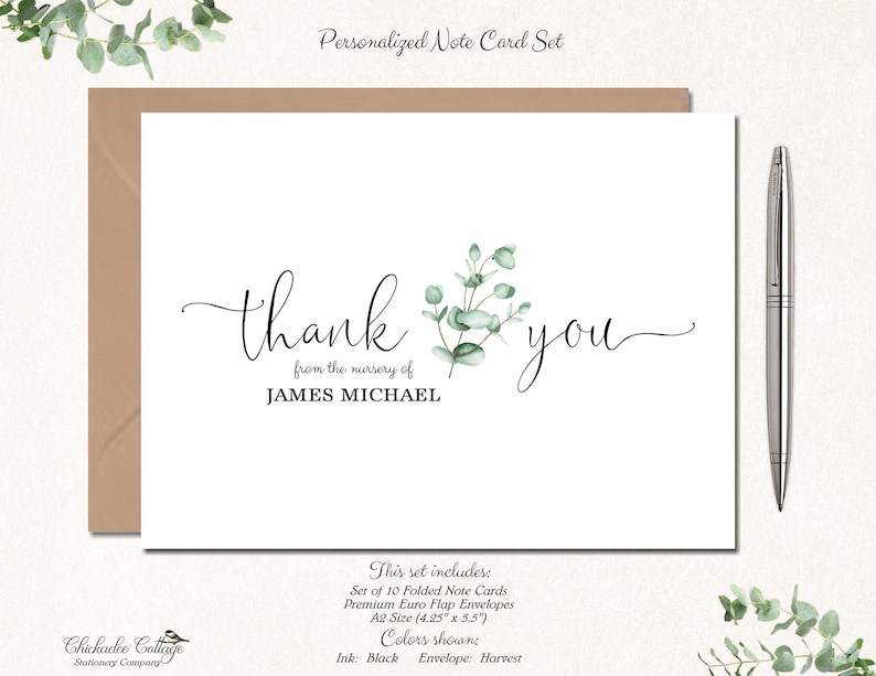 Succulent Baby Shower Thank You Cards Greenery Boy Girl Gift Personalized Eucalyptus Bnc032