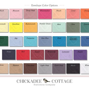 May include: A chart of envelope color options with 36 different colors, including blush, blossom, dusty pink, watermelon, peach, coral, orange, lemonade, sunshine, butterscotch, powder green, mint, olive, emerald, forest, sky, turquoise, new blue, pool, peacock (metallic), sea, navy, red, scarlet, burgundy, lavender, purple, stone, harvest, chocolate, light grey, dark grey, black, and white.