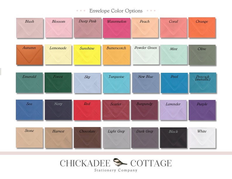 K&ouml;nnte beinhalten: Eine Farbkarte mit Umschl&auml;gen in verschiedenen Farbt&ouml;nen, darunter Rosa, Orange und T&uuml;rkis. Die Umschl&auml;ge sind in Reihen und Spalten angeordnet, wobei jede Farbe beschriftet ist. Das Logo von Chickadee Cottage Stationery Company befindet sich unten.
