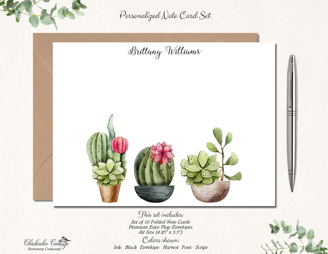 Personalized Cactus Note Cards With Envelopes - Set of 10 Folded Cards ...