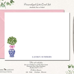 May include: Personalized note card set with a blue and white floral design. The set includes 10 folded or 12 flat note cards and premium Euro flap envelopes. The cards are A2 size (4.25" x 5.5"). The ink color is navy and the envelope color is blossom.