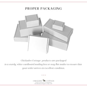 May include: A collection of white cardboard boxes of various sizes, stacked together. The text "PROPER PACKAGING" is at the top. The text below states that products are packaged in a sturdy white cardboard mailing box.