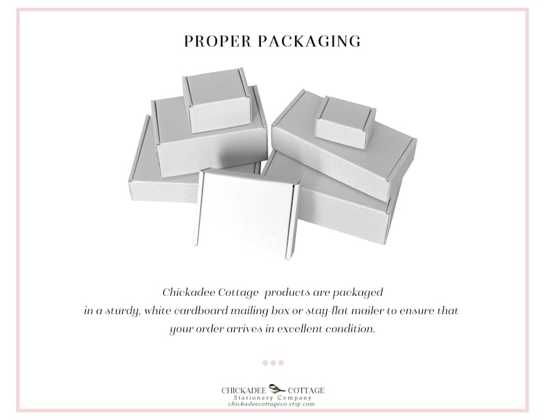 May include: A collection of white cardboard boxes of various sizes, stacked together. The text "PROPER PACKAGING" is at the top. The text below states that products are packaged in a sturdy white cardboard mailing box.