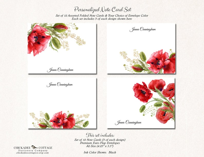 Personalized Poppy Note Cards Set with Envelopes, Set of 12 Assorted Cards, Flower Stationery, Floral Notecards, BEAUTIFUL POPPIES image 1