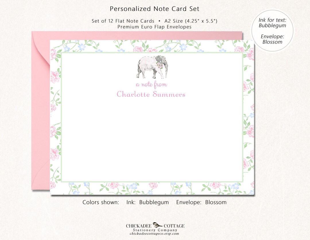 Personalized Elephant Note Cards With Envelopes, Set of 12 Flat Note ...