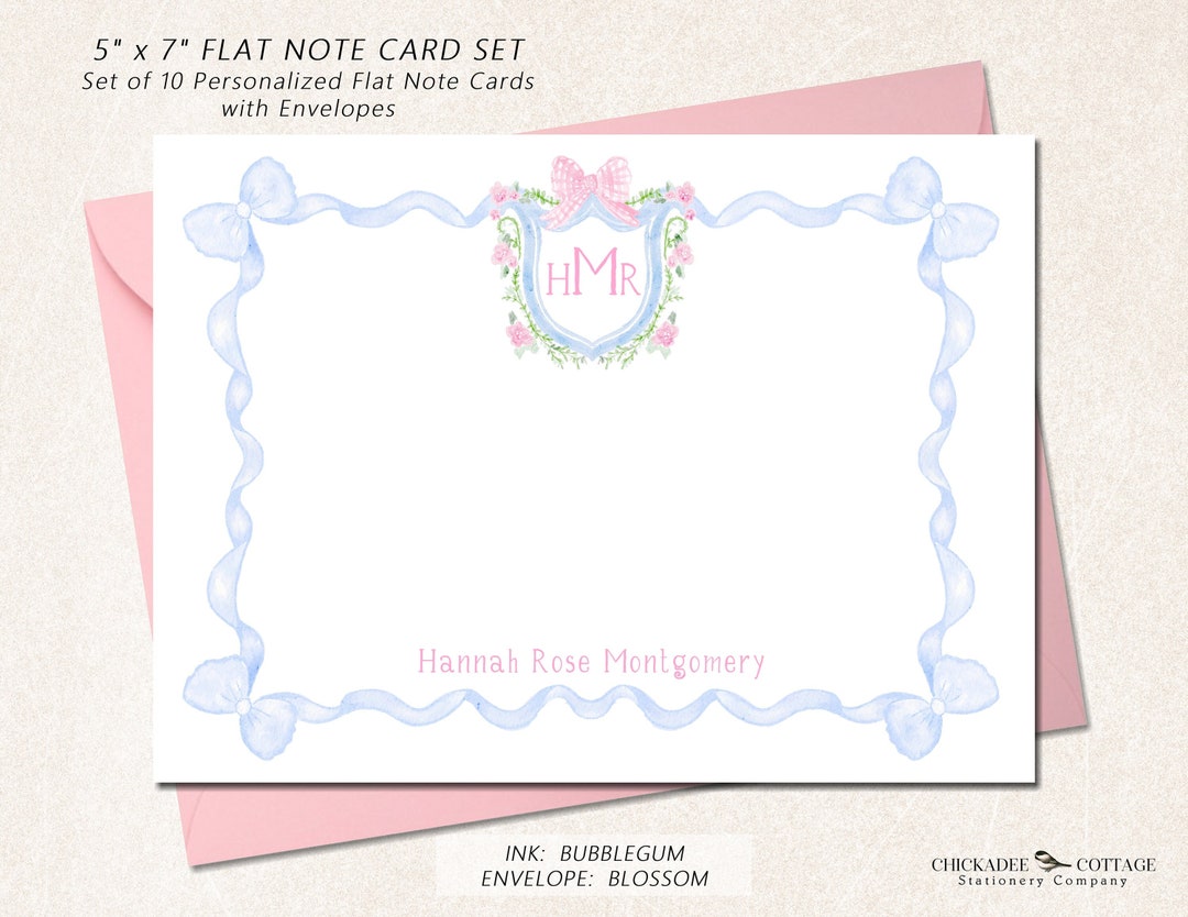 Personalized Monogram Stationery, Set of 10 Flat 5" X 7" Note Cards ...