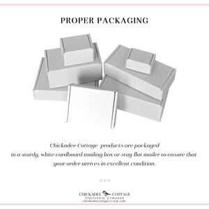 May include: A collection of white cardboard boxes of various sizes, stacked together. The text "PROPER PACKAGING" is at the top. The text below states that products are packaged in a sturdy white cardboard mailing box.