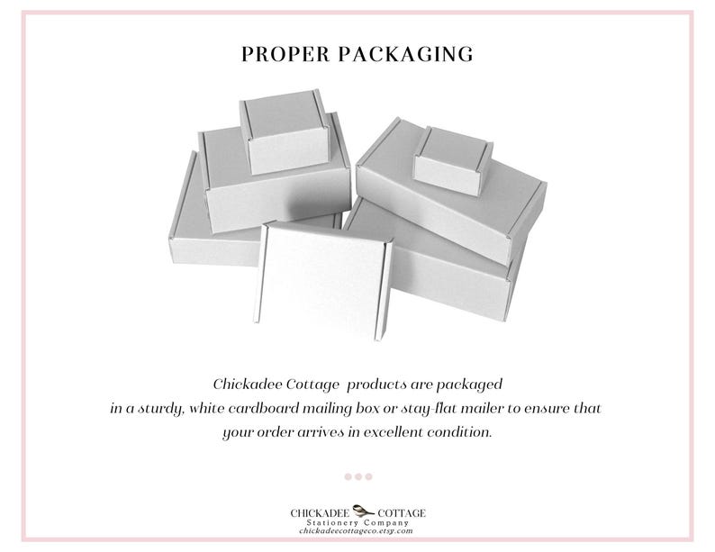 May include: A collection of white cardboard boxes of various sizes, stacked together. The text "PROPER PACKAGING" is at the top. The text below states that products are packaged in a sturdy white cardboard mailing box.