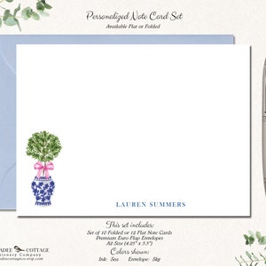 May include: Personalized note card set with a blue and white floral design. The set includes 10 folded or 12 flat note cards and envelopes. The cards are 4.25 inches by 5.5 inches. The ink color is sea and the envelope color is sky.