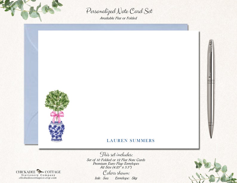 May include: Personalized note card set with a blue and white floral design. The set includes 10 folded or 12 flat note cards and envelopes. The cards are 4.25 inches by 5.5 inches. The ink color is sea and the envelope color is sky.