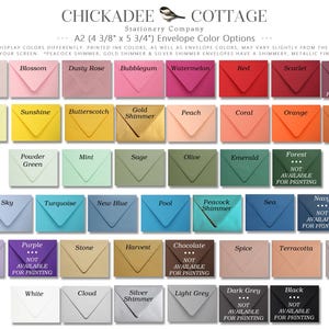 May include: A grid of A2 envelopes in various colors, including blush, blossom, and watermelon. The image displays a range of hues, from pastels to vibrant shades, with some labeled as shimmer options. The text at the top reads "Chickadee Cottage Stationery Company."
