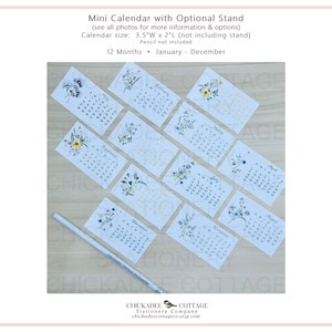 2026 or 2027 Mini Calendar with Optional Wood or Metal Stand, 3.5"W x 2"L (Business Card Size) Small Floral Desk Calendar, WILDFLOWERS image 3