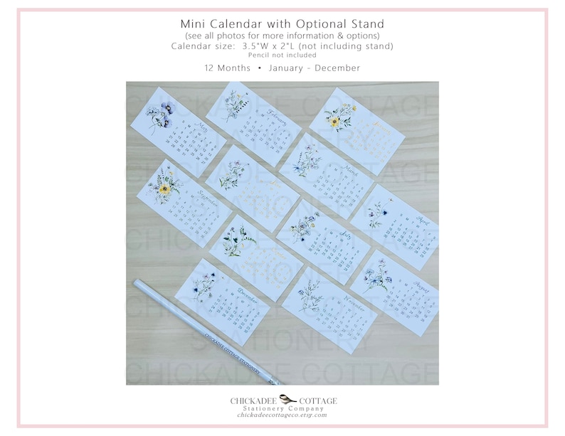 2026 or 2027 Mini Calendar with Optional Wood or Metal Stand, 3.5"W x 2"L (Business Card Size) Small Floral Desk Calendar, WILDFLOWERS image 3