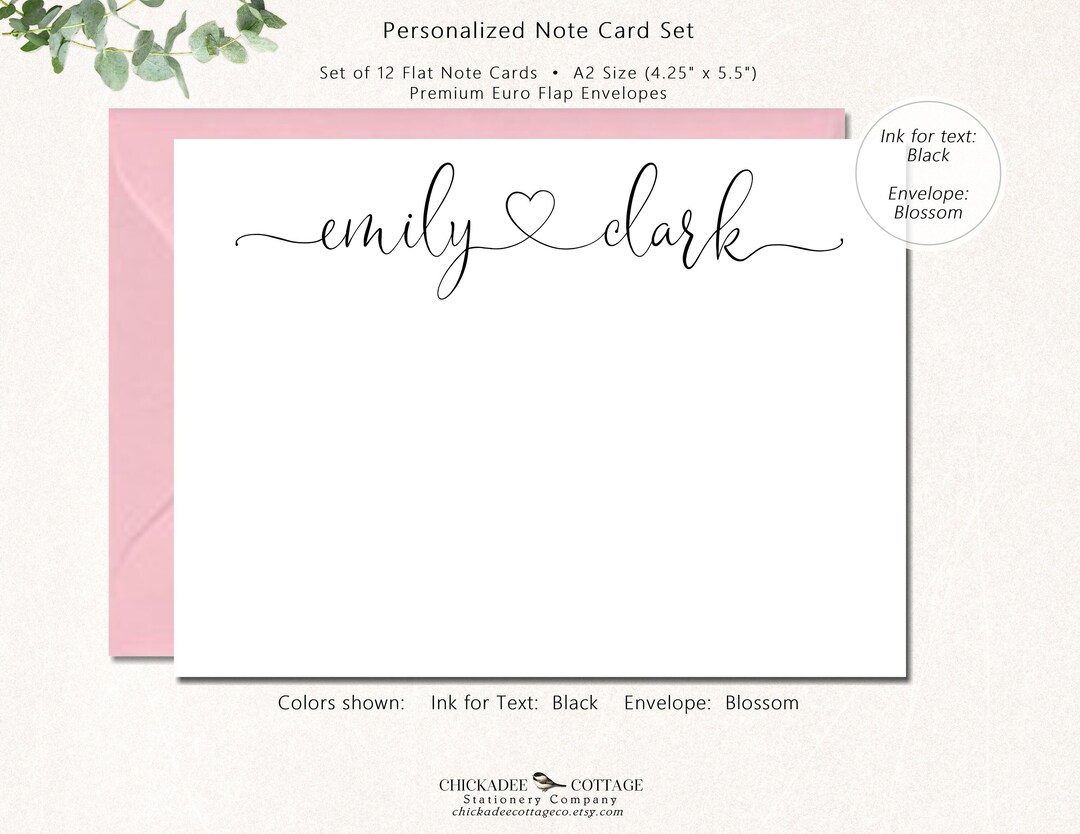 Personalized Note Cards With Envelopes, Set of 12 Flat Notecards for ...