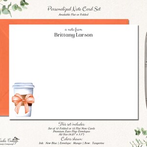 May include: Personalized note card set featuring a watercolour illustration of a coffee cup with a pink ribbon. The set includes 10 folded or 12 flat note cards and envelopes. The card size is 10.8 cm by 14 cm. The ink colour is new blue, the envelope colour is mango, and the bow colour is tangerine.