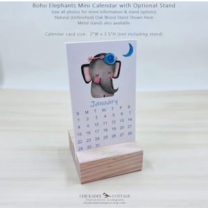2025 Mini Elephant Calendar with Optional Wood or Metal Stand, 2"W x 3.5"L (Business Card Size) Elephant Gifts Calendar, BOHO ELEPHANTS