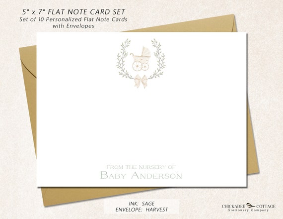 Personalized Baby Shower Thank You Cards with Envelopes, set of 10 Flat 5" x 7" Thank You Notes, Stationery CHARMING STROLLER neutral print
