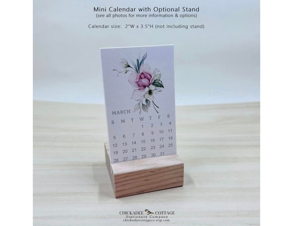 2026 or 2027 Mini Calendar with Optional Wood or Metal Stand, 2"W x 3.5"L (Business Card Size) Small Desk Calendar ENCHANTED GARDEN