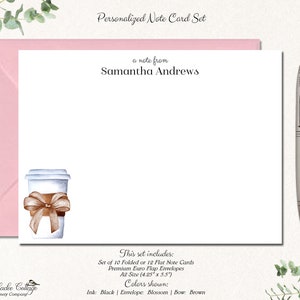 May include: Personalised note card set featuring a coffee cup illustration. The set includes 10 folded or 12 flat note cards and premium euro flap envelopes. The cards are A2 size (10.8 cm x 14 cm). Ink colours are black, envelope colour is blossom, and bow colour is brown.
