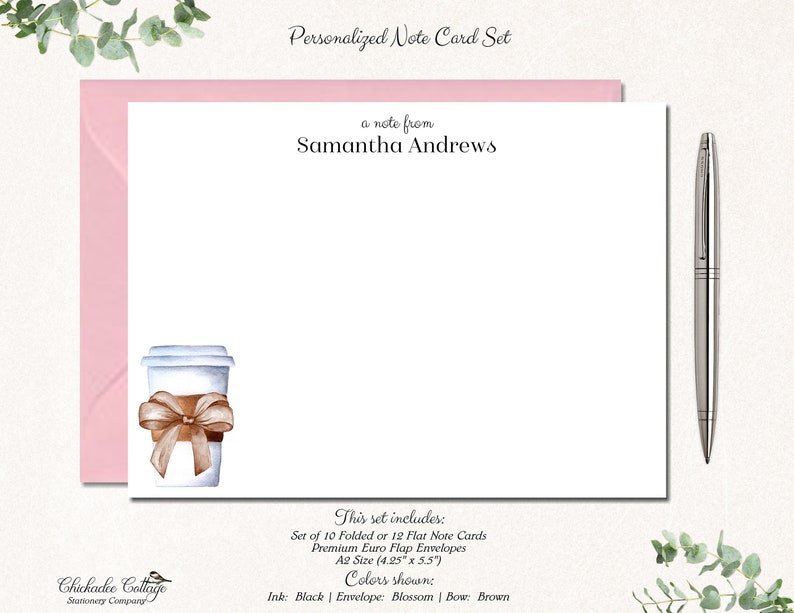 May include: Personalised note card set featuring a coffee cup illustration. The set includes 10 folded or 12 flat note cards and premium euro flap envelopes. The cards are A2 size (10.8 cm x 14 cm). Ink colours are black, envelope colour is blossom, and bow colour is brown.