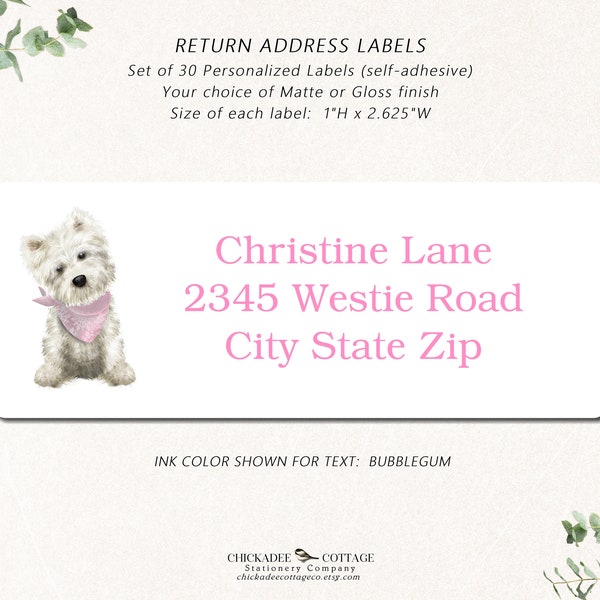 Westie Return Address Labels | West Highland Terrier Return Address Stickers | Westie Gift | Westie Dog | Dog Lover | Female WESTIE PINK